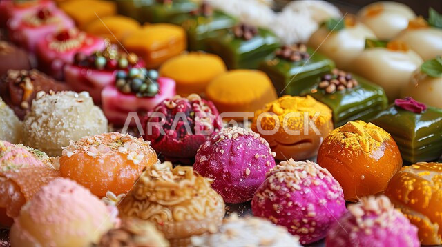 منتجات محلية وطنية، سفرة مليئة باطباق من الحلويات اللذيذة بالفستق والمكسرات، كرم الضيافة في السعودية، وصفات الأطعمة العربية الشرقية، أكلات غنية بالسكريات والسعرات الحرارية، ضيافة الأعياد والمناسبات في المملكة