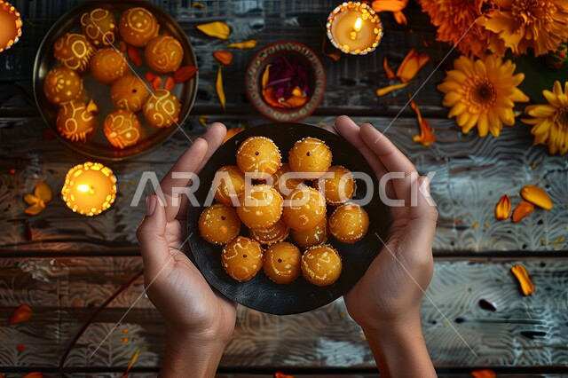 طبق اللقيمات ذهبية اللون، حلا الزلابيات الشرقي، كرات العجين المقلية الصغيرة، الحلوى الشهية المتميزة، وصفات وأطباق الحلويات والسكريات، ضيافة المناسبات والأعياد في المملكة العربية السعودية