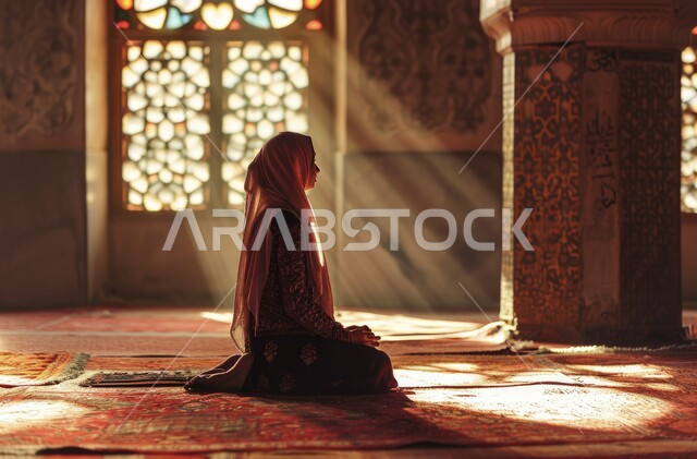 Calm spiritual Islamic sessions in the blessed month of Ramadan, memorizing and reading the Holy Qur’an, striving to obey and get closer to God, a Saudi Gulf Arab woman wearing the abaya and hijab, holding the Holy Qur’an in her hand.