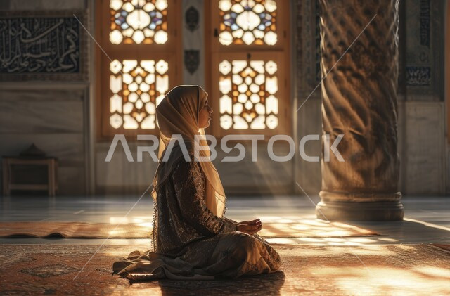 الجلسات الإسلامية الروحانية الهادئة في شهر رمضان المبارك، حفظ وقراءة القرآن الكريم، الاجتهاد بالطاعة والتقرب الى الله, إمرأة عربية خليجية سعودية ترتدي العباءة والحجاب تحمل بيدها المصحف الشريف