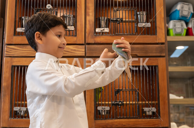 النظرالى العصفوربايماءات الفرح والسرور، أماكن خاصة لحفظ العصافير،  زيارة محلات ومتاجر بيع وشراء الحيوانات والطيور الأليفة، الشغف بتربية الحيوانات الاليفة في المنزل، صورة مقربة لولدعربي خليجي سعودي  يرتدي الزي التقليدي يقوم بحمل عصفور ملون على وقضاء اوقات ممتعة ومسلية