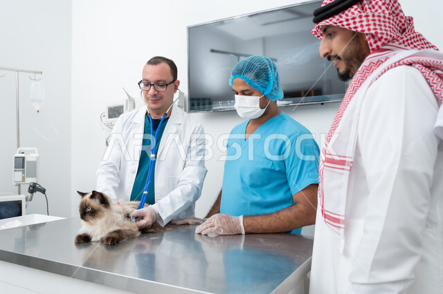 زيارة المراكز والعيادات البيطرية السعودية، الاهتمام والمحافظة على صحة القطط المنزلية، أهمية الفحص الطبي الدوري، مفهوم الاهتمام والعناية بالحيوانات الاليفة، طبيب بيطري عربي خليجي سعودي يقوم بمعالجة وفحص قطة صغيرة، رجل يرتدي الثوب التقليدي يقف بجانب الممرض بتعابير السرور