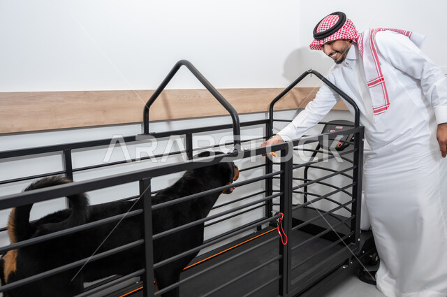 A man wearing a traditional costume standing next to an animal, having fun and playing with pets, owning and raising dogs, a pet mammal, the concept of animal welfare, feeling happy while having a good time playing with animals