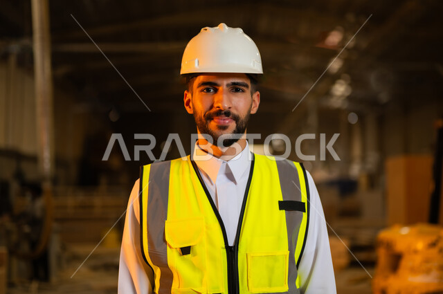 الاشراف على سير خطة العمل، النظر إلى الكاميرا بإيماءات الثقة بالنفس والجدية, ورشات عمل ومهن تقليدية قديمة, مصانع ومعامل في المملكة العربية السعودية, صورة مقربة لمهندس عربي خليجي سعودي يرتدي الخوذة وسترة الحماية يعمل في معمل صناعة الخشب