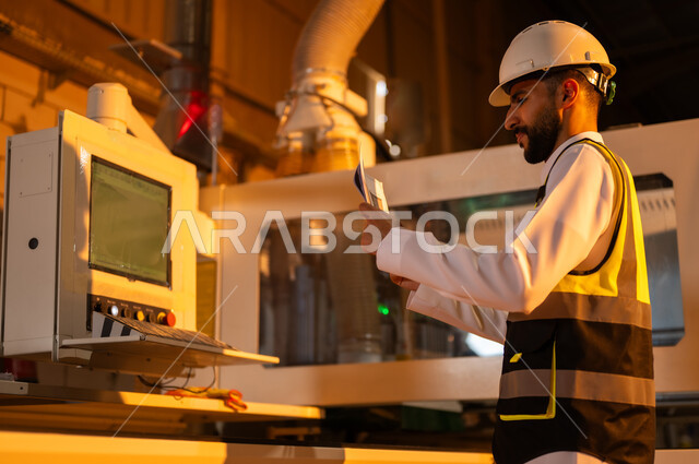 اختيار الرسومات والنقوش عبر الحاسب الآلي, العمل في القطاع الصناعي, صورة مقربة من الجانب لمهندس عربي خليجي سعودي يرتدي الخوذة وسترة الحماية يعمل على آلة الطباعة الليزرية, التطور والتقدم التقني في صناعة الخشب، معمل تصنيع الأثاث المنزلي