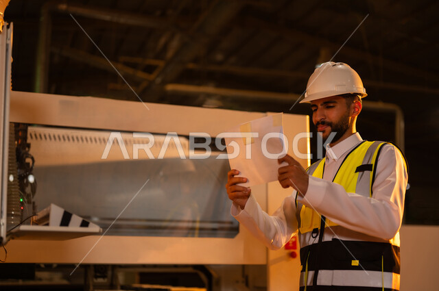 Heavy machinery and equipment, carpentry workshops in Saudi Arabia, wooden furniture manufacturing plant, popular crafts and professions, supervising the work plan, purposeful dialogues and discussions, a Saudi Arabian Gulf engineer wearing a protective jacket and helmet holding engineering plans in his hand