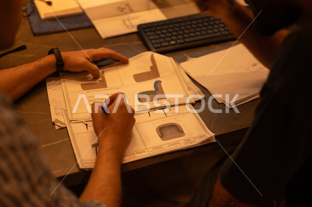 طباعة وتصميم القطع الخشبية على الحاسوب, تصوير مقرب من الخلف لرجلين عربيين خليجيين سعوديين يقومان بالاشراف على سير خطة العمل, جهاز توجيه الخشب باستخدام الحاسب الآلي, التطور والتقدم الفني في الصناعات والحرف القديمة