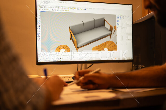 مهن ووظائف هندسية مكتبية، دمج التكنولوجيا بالعمل، استخدام الاجهزة التقنية الحديثة، تصوير مقرب لمصمم عربي خليجي سعودي يعمل على تصميم اريكة مريح باستعمال الحاسوب، نماذج ثلاثية الابعاد، مفهوم التخطيط والتنفيذ