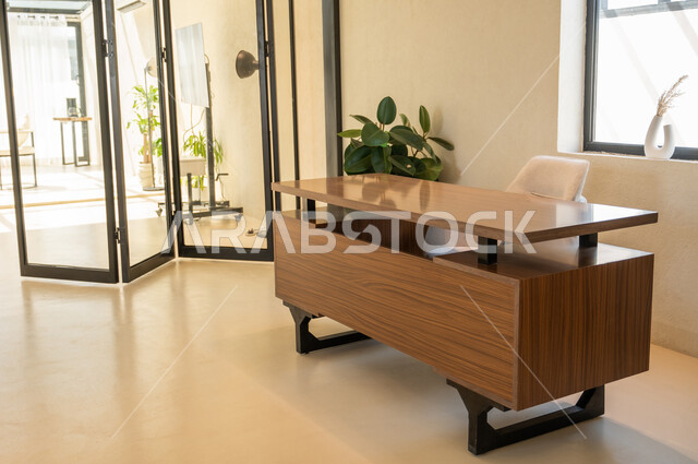 Modern modern design for work offices, an office room with sophisticated interior designs and decorations with simple and comfortable furniture, modern office equipment in companies in the Kingdom of Saudi Arabia