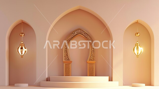 تحف واكسسوارات شهر رمضان المبارك، مجسمات ثلاثية الابعاد لمنصات و فوانيس مزخرفة باللون الذهبي، زينة وأنوار للاعياد والمناسبات، عساكم من عواده ،الاستعداد لاستقبال الأعياد والمناسبات الدينية , قدوم شهر الخير ، خلفية زخارف اسلاميه ثري دي
