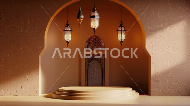 تحف واكسسوارات شهر رمضان المبارك، مجسمات ثلاثية الابعاد لمنصات و فوانيس مزخرفة باللون الذهبي، زينة وأنوار للاعياد والمناسبات، عساكم من عواده ،الاستعداد لاستقبال الأعياد والمناسبات الدينية , قدوم شهر الخير ، خلفية زخارف اسلاميه ثري دي