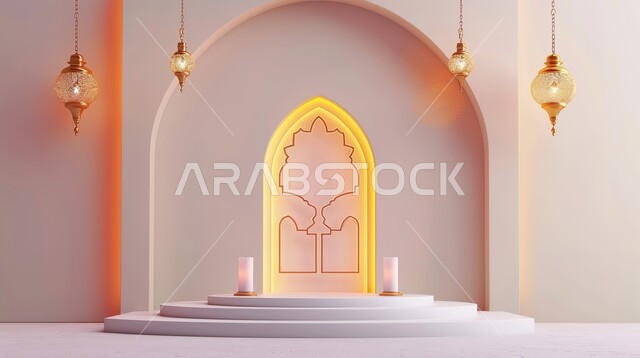 تحف واكسسوارات شهر رمضان المبارك، مجسمات ثلاثية الابعاد لمنصات و فوانيس مزخرفة باللون الذهبي، زينة وأنوار للاعياد والمناسبات، عساكم من عواده ،الاستعداد لاستقبال الأعياد والمناسبات الدينية , قدوم شهر الخير ، خلفية زخارف اسلاميه ثري دي