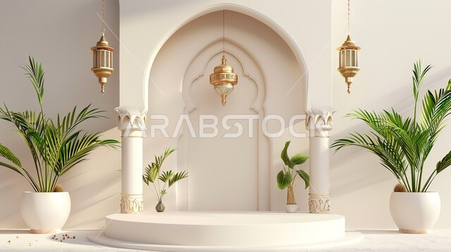 تحف واكسسوارات شهر رمضان المبارك، مجسمات ثلاثية الابعاد لمنصات و فوانيس مزخرفة باللون الذهبي، زينة وأنوار للاعياد والمناسبات، عساكم من عواده ،الاستعداد لاستقبال الأعياد والمناسبات الدينية , قدوم شهر الخير ، خلفية زخارف اسلاميه ثري دي