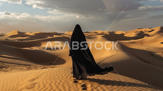 Desert environment in Saudi Arabia, sand formations and formations in the desert, places of adventure and fun tourist trips, a picture from the back of a veiled Saudi Arabian Gulf woman wearing a black abaya having a good time