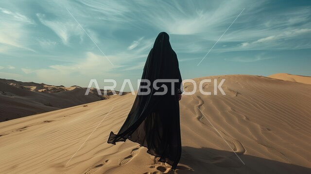 البيئة الصحراوية في المملكة العربية السعودية, التشكيلات والتكوينات الرملية في الصحراء, أماكن المغامرات والرحلات السياحية الممتعة, صورة من الخلف لإمرأة عربية خليجية سعودية محجبة ترتدي عباءة سوداء تقوم بقضاء وقت ممتع