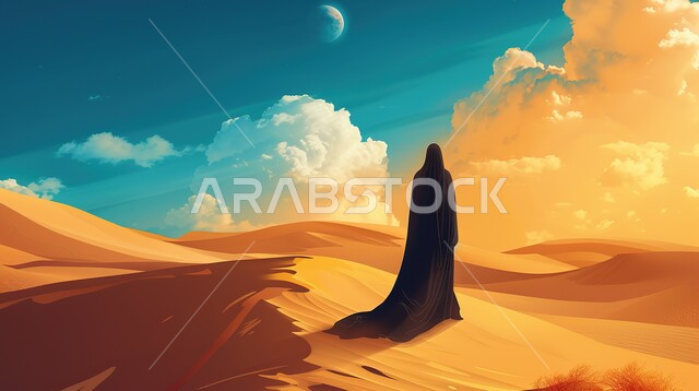 البيئة الصحراوية في المملكة العربية السعودية, التشكيلات والتكوينات الرملية في الصحراء, أماكن المغامرات والرحلات السياحية الممتعة, صورة من الخلف لإمرأة عربية خليجية سعودية محجبة ترتدي عباءة سوداء تقوم بقضاء وقت ممتع
