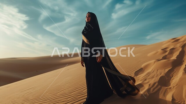 البيئة الصحراوية في المملكة العربية السعودية, التشكيلات والتكوينات الرملية في الصحراء, أماكن المغامرات والرحلات السياحية الممتعة, صورة من الخلف لإمرأة عربية خليجية سعودية محجبة ترتدي عباءة سوداء تقوم بقضاء وقت ممتع