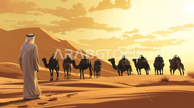 The concept of raising and caring for camels and livestock herds within the nature reserves in the Kingdom of Saudi Arabia, means of transportation and movement in the past, lifestyle in the desert, a Saudi Arabian Gulf man wearing a ghutra and traditional dress looks at a group of camels