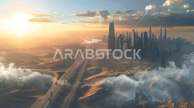 Paved road in the middle of the desert, adventures and safaris in the desert, rock formations and formations, mountainous nature in the Kingdom of Saudi Arabia, sand dunes and hills in the desert areas