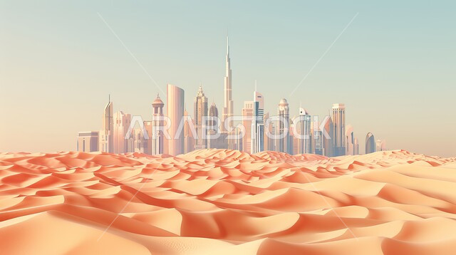 مشهد تخيلي لأبراج وناطحات سحاب امارة دبي في الصحراء، الفن الهندسي المعماري للمباني والمنشآت السكنية والتجارية، الكثبان الرملية في المناطق الصحراوية، التوسع والتقدم العمراني في دولة الإمارات العربية المتحدة