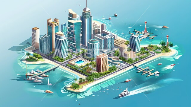 المعالم السياحية المشهورة والواجهة الحضارية، مجسم تجسيدي للابراج وناطحات السحاب في مدينة الكويت وسط البحر، التطور والتقدم العمراني على الطراز الحديث