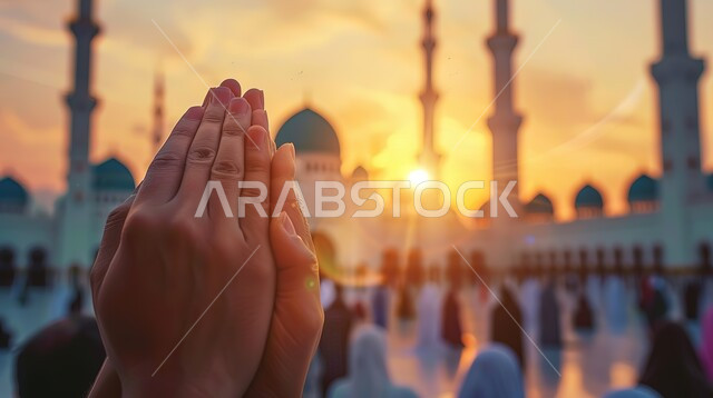 العباده والتقرب الى الله، صورة مقربة لأيدي امرأة مسلمة عربية خليجية سعودية ترفع يديها للدعاء، التضرع و طلب العون والحمد والشكر، خلفية المسجد