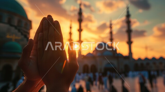 العباده والتقرب الى الله، صورة مقربة لأيدي امرأة مسلمة عربية خليجية سعودية ترفع يديها للدعاء، التضرع و طلب العون والحمد والشكر، خلفية المسجد