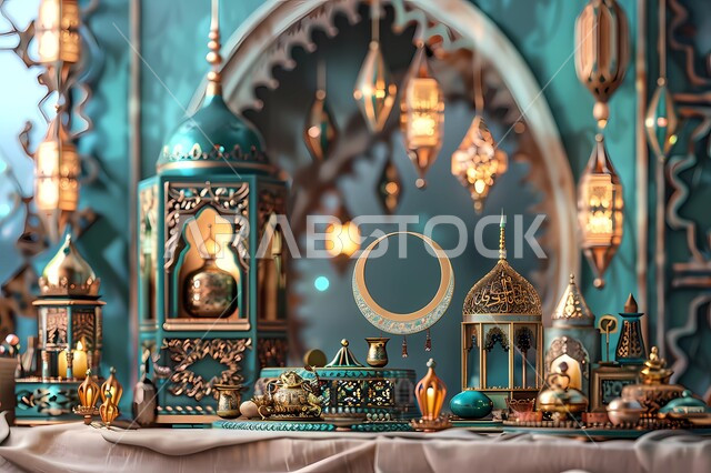 ديكورات وزينة رمضان المبارك, الأجواء الروحانية والاحتفال بالمناسبات والأعياد الدينية الاسلامية، صورة مقربة لفوانيس معدنية تقليدية مضيئة، البهجة بقدوم شهر الخير، تحف واكسسوارت متميزة