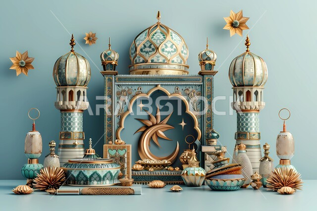 Ramadan decorations and ornaments, spiritual atmosphere and celebration of Islamic religious occasions and holidays, close-up photo of traditional illuminated metal lanterns, joy of the arrival of the month of goodness, distinctive antiques and accessories