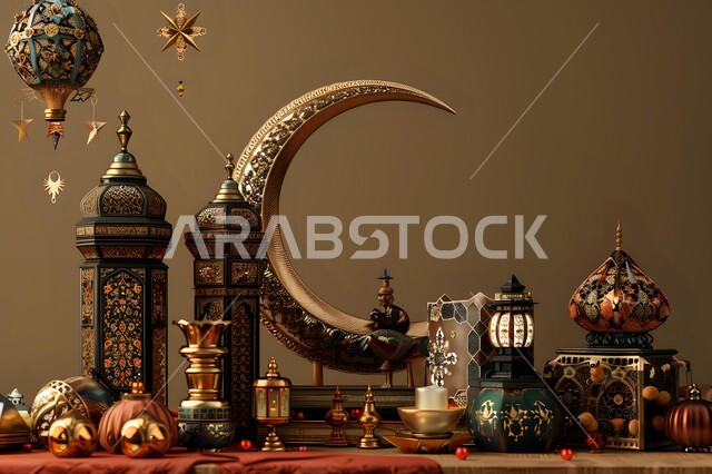 ديكورات وزينة رمضان المبارك, الأجواء الروحانية والاحتفال بالمناسبات والأعياد الدينية الاسلامية، صورة مقربة لفوانيس معدنية تقليدية مضيئة، البهجة بقدوم شهر الخير، تحف واكسسوارت متميزة