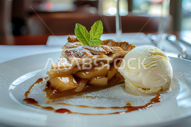  قطعة من حلوى فطيرة التفاح في طبق أبيض مع كرة من مثلجات الفانيلا المنعشة, وصفات الحلويات اللذيذة والسريعة, فن الطهي والخبز, مخبوزات وفطائر شهية, فنون تقديم الطعام والأكلات العربية الشرقية