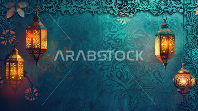 تحف واكسسوارات شهر رمضان المبارك ، مجسمات ثلاثية الابعاد لفوانيس مزخرفة، زينة وأنوار للاعياد والمناسبات، عساكم من عواده ، قدوم شهر الخير ، خلفية زخارف اسلاميه ثري دي