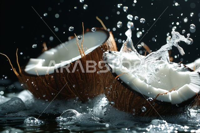 فواكه صحيه موسميه طازجه، صورة مقربه لفاكهة جوز الهند بين قطرات الماء المحيطه بها، محاصيل زراعية محليه وطنية سعودية