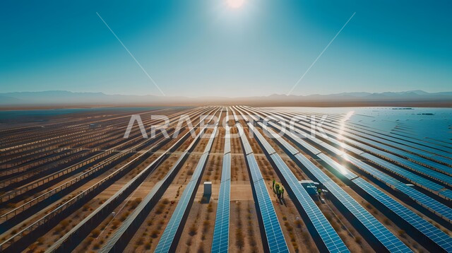  مفهوم انتاج الطاقة البديلة الصديقة للبيئة في المملكة العربية السعودية, صورة من الأعلى لألواح الطاقة الكهروضوئية، محطات الطاقات الشمسية المتجددة