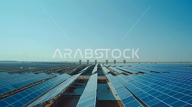  مفهوم انتاج الطاقة البديلة الصديقة للبيئة في المملكة العربية السعودية, صورة من الأعلى لألواح الطاقة الكهروضوئية، محطات الطاقات الشمسية المتجددة