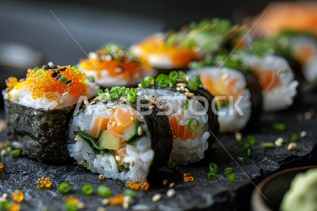 مطابخ متخصصة في الأطباق البحرية، طرق متميزة لتقديم المأكولات اليابانية في المملكة العربية السعودية، وصفات ووجبات طعام صحية وأكلات شهية، لفائف وقطع السوشي المزينة بالسمسم والاعشاب