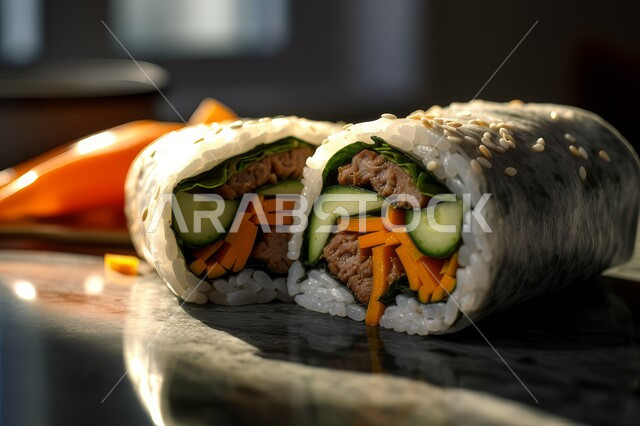 مطابخ متخصصة في الأطباق البحرية، طرق متميزة لتقديم المأكولات اليابانية في المملكة العربية السعودية، وصفات ووجبات طعام صحية وأكلات شهية، لفائف وقطع السوشي المزينة بالسمسم والاعشاب