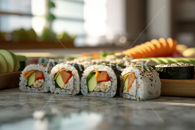 Sushi rolls and pieces decorated with sesame and herbs, kitchens specializing in seafood dishes, distinctive ways to serve Japanese cuisine in the Kingdom of Saudi Arabia, recipes and healthy meals and delicious foods