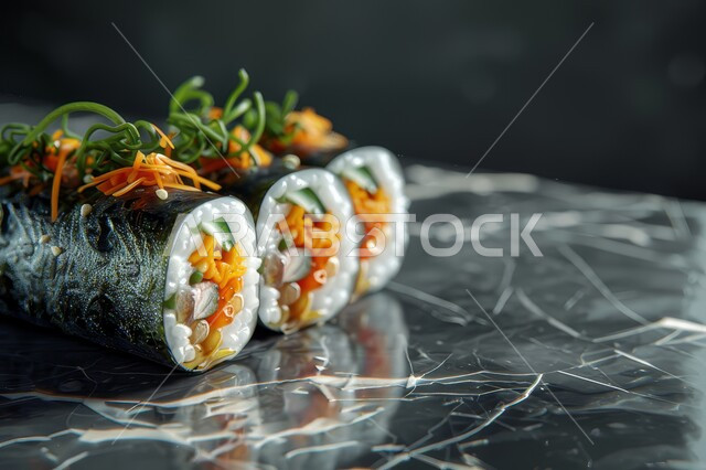 لفائف وقطع السوشي المزينة بالسمسم والاعشاب، مطابخ متخصصة في الأطباق البحرية، طرق متميزة لتقديم المأكولات اليابانية في المملكة العربية السعودية، وصفات ووجبات طعام صحية وأكلات شهية