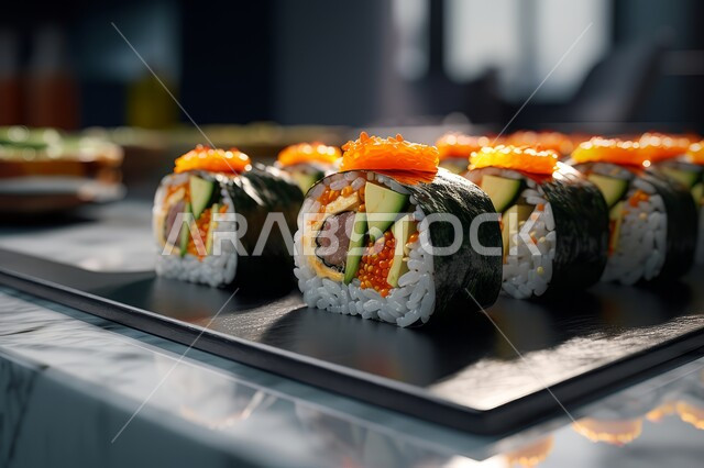 لفائف وقطع السوشي المزينة بالسمسم والاعشاب، مطابخ متخصصة في الأطباق البحرية، طرق متميزة لتقديم المأكولات اليابانية في المملكة العربية السعودية، وصفات ووجبات طعام صحية وأكلات شهية