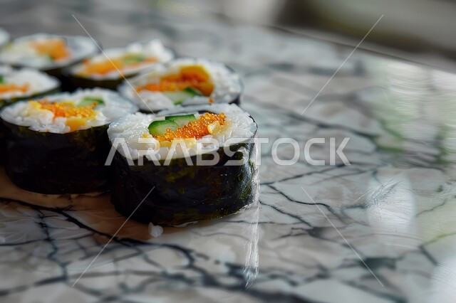 لفائف وقطع السوشي المزينة بالسمسم والاعشاب، مطابخ متخصصة في الأطباق البحرية، طرق متميزة لتقديم المأكولات اليابانية في المملكة العربية السعودية، وصفات ووجبات طعام صحية وأكلات شهية