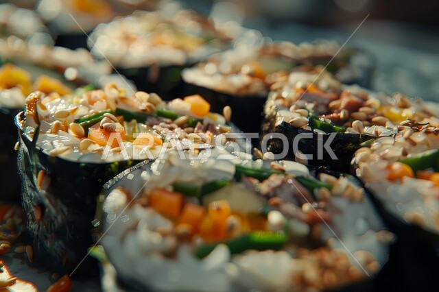 لفائف وقطع السوشي المزينة بالسمسم والاعشاب، مطابخ متخصصة في الأطباق البحرية، طرق متميزة لتقديم المأكولات اليابانية في المملكة العربية السعودية، وصفات ووجبات طعام صحية وأكلات شهية