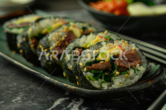 Sushi rolls and pieces decorated with sesame and herbs, kitchens specializing in seafood dishes, distinctive ways to serve Japanese cuisine in the Kingdom of Saudi Arabia, recipes and healthy meals and delicious foods