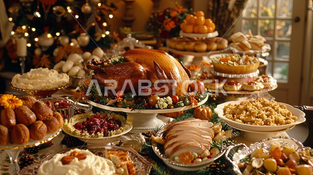طاولة طعام مليئة بالاطباق مع دجاجة مشوية مع مجموعة من الخضراوات الطازجة، مطابخ ومطاعم المملكة العربية السعودية، مأكولات و وصفات لأطباق عربية تقليدية شرقيه، طبق الديك الرومي