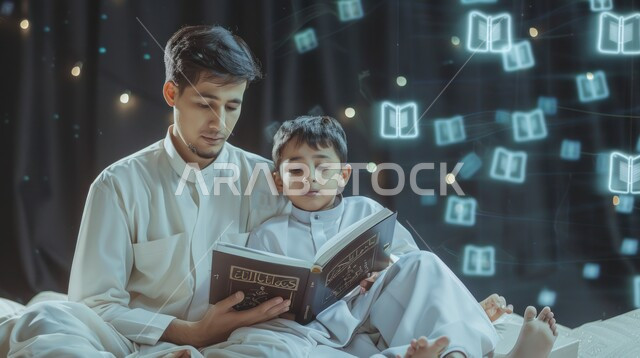 قضاء الأوقات الممتعة مع الأبناء , أب عربي خليجي سعودي يرتدي الثوب التقليدي يقوم بقراءة القصص المسلية لابنه , تنمية هواية المطالعة عند الأطفال , خلفية هولوجرامية ثلاثية الأبعاد