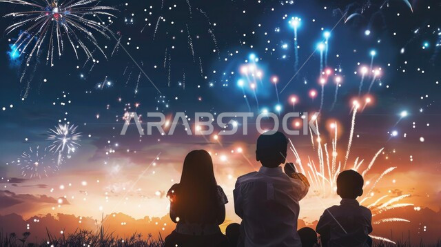 الأعياد و المناسبات  في المملكة العربية السعودية , صورة من الخلف لثلاثة أطفال عربيين خليجيين سعوديين يقومون بمشاهدة الألعاب النارية و المفرقعات الملونة في السماء , مفهوم الاحتفالات و المهرجانات