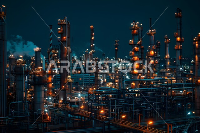 مشاريع صناعية بتروكيماوية, النمو والتقدم الاقتصادي، انتاج البترول في المملكة العربية السعودية، منظر دخان المعامل في الجو, هندسات ومعدات ومستودعات صناعية ضخمة, صورة مقربة لمصنع تكرير النفط والغاز في الغروب