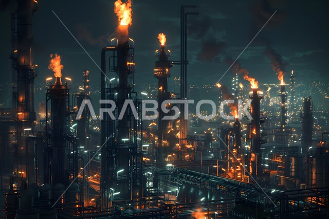 مشاريع صناعية بتروكيماوية, النمو والتقدم الاقتصادي، انتاج البترول في المملكة العربية السعودية، منظر دخان المعامل في الجو, هندسات ومعدات ومستودعات صناعية ضخمة, صورة مقربة لمصنع تكرير النفط والغاز في الغروب