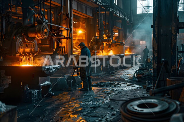 ارتداء الزي الواقي للحمايه من الشرار المتناثر، مجموعة عمال حدادة عرب خليجيون سعوديون يقوم بصب صهر الحديد في المصنع، مصانع المعادن الخام، عمال ومهندسين في المملكة العربية السعودية