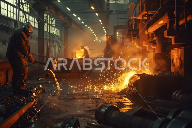ارتداء الزي الواقي للحمايه من الشرار المتناثر، مجموعة عمال حدادة عرب خليجيون سعوديون يقوم بصب صهر الحديد في المصنع، مصانع المعادن الخام، عمال ومهندسين في المملكة العربية السعودية